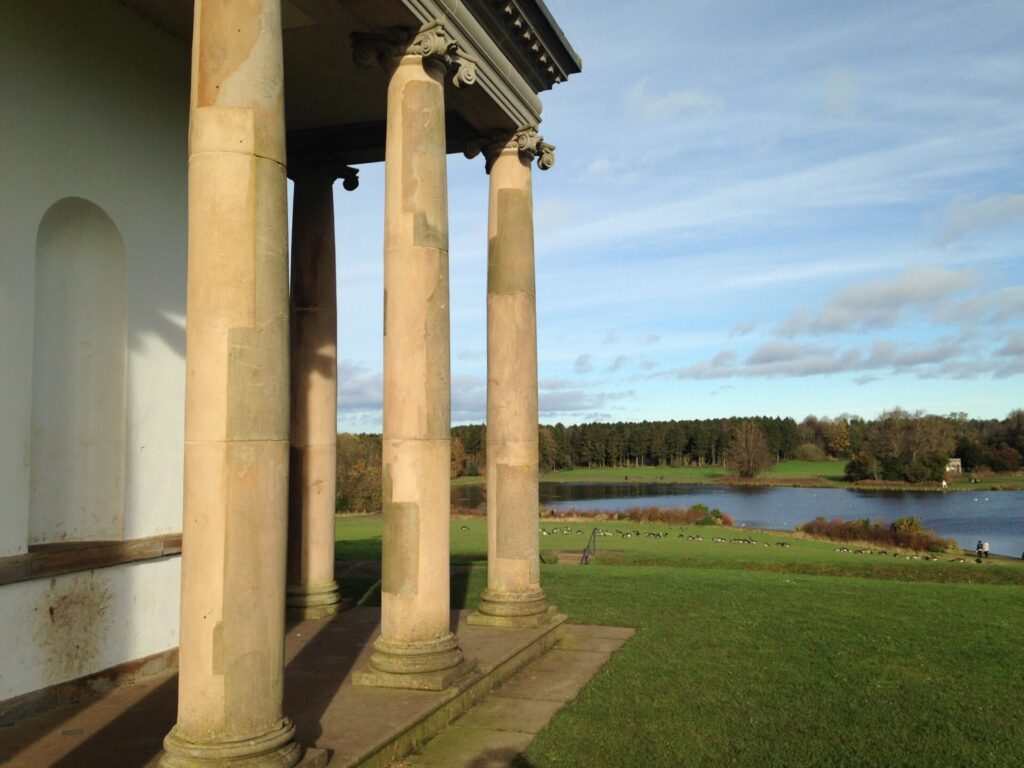 view of lake from colonnaded summerhouse at Hardwick hall