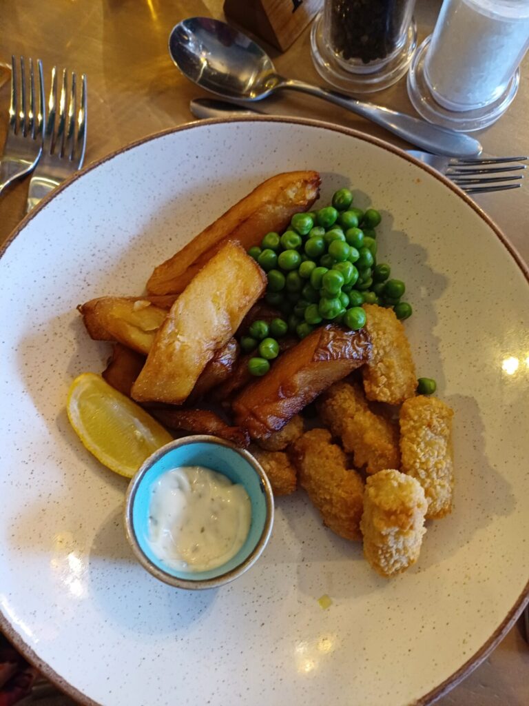 scampi and chips on a plate