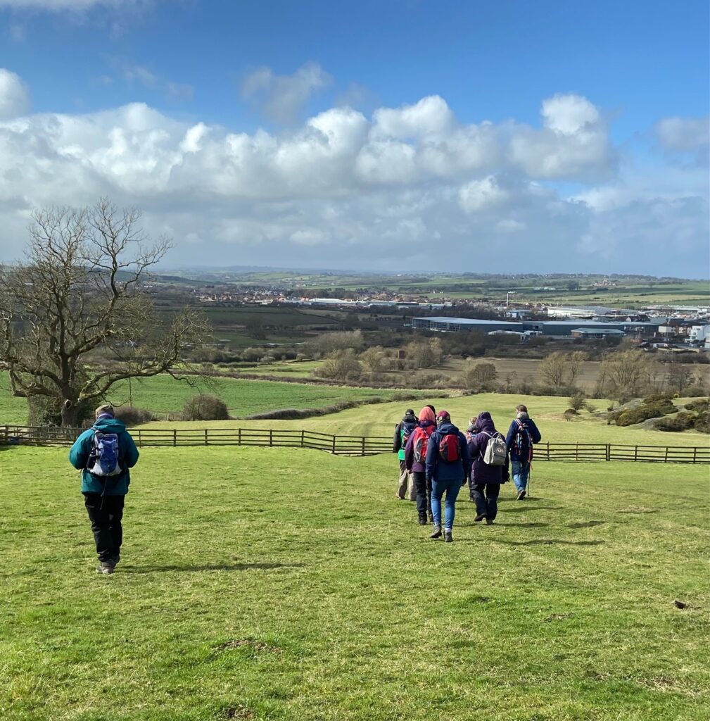 group of walkers walking through a field